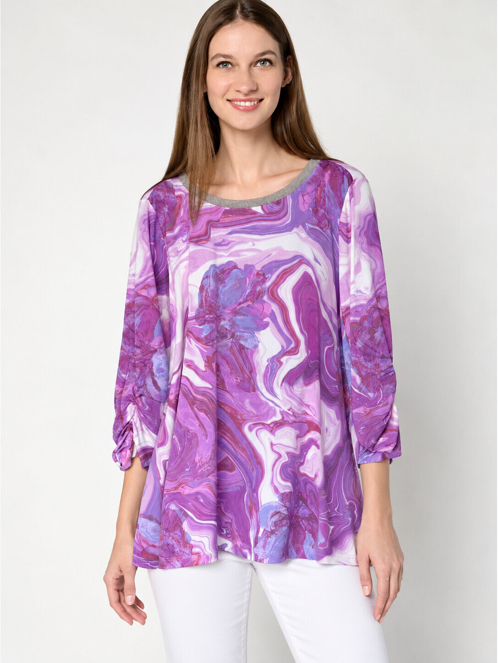 Susan Graver Printed Liquid Knit A-Line Tunic w/ Rib Muted Lilac, Petite X-Large